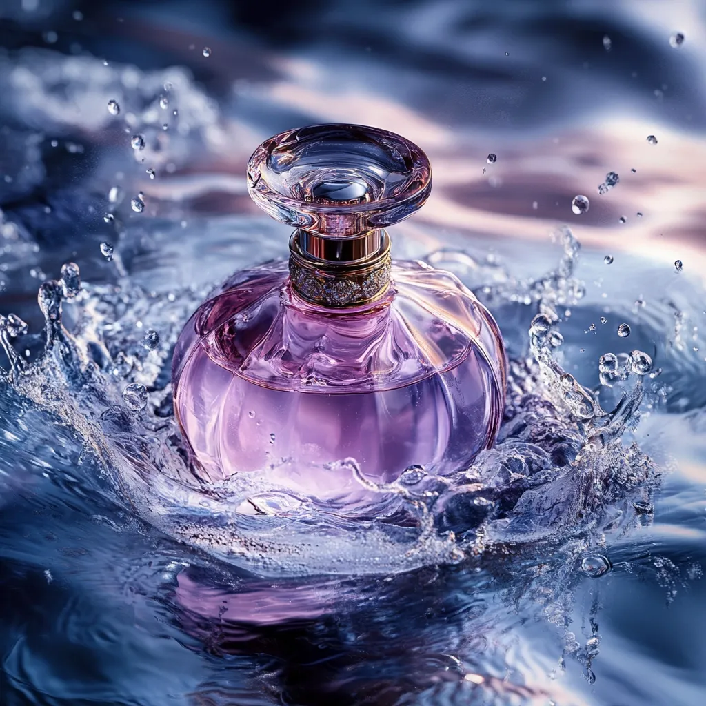 A purple perfume bottle with an ornate gold cap sits in the center of a splash of water.  The water is dark blue and purple, reflecting the light beautifully. The bottle is round and full, suggesting a luxurious and opulent fragrance. The overall image is evocative of freshness and elegance.