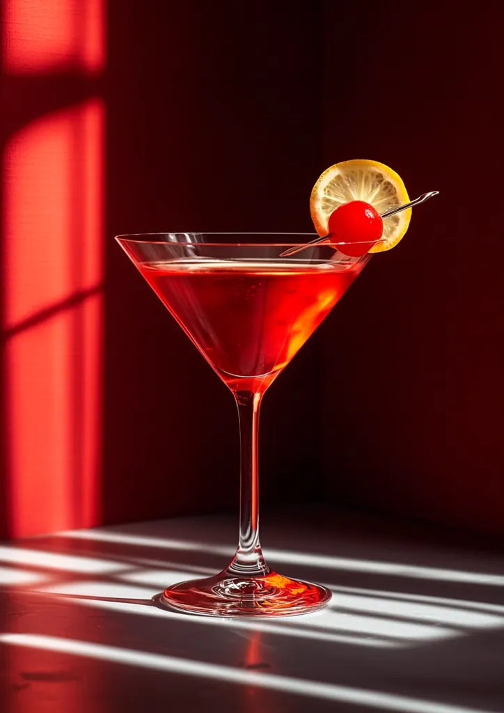 A vibrant red cocktail, possibly a Cosmopolitan, is elegantly presented in a martini glass.  A maraschino cherry and a lemon twist garnish the drink.  The glass sits on a white surface, bathed in dramatic red light casting strong shadows. The overall mood is sophisticated and alluring.