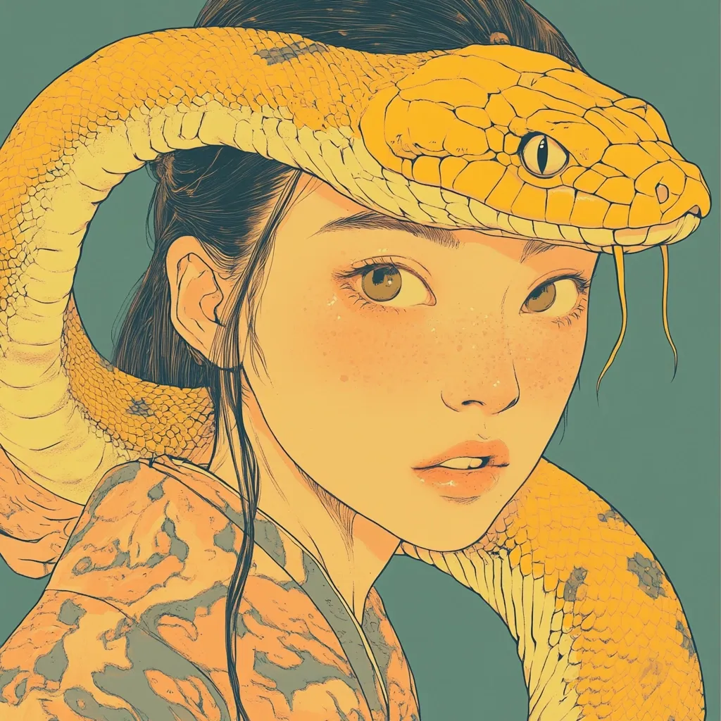 A stylized illustration depicts a young woman with a large yellow snake gracefully draped around her head and shoulders.  Her expression is serene, her features delicately rendered with soft shading and subtle freckles.  She wears a patterned kimono, the colors harmonizing with the snake and background. The overall aesthetic is one of calm beauty and a mystical, almost surreal, atmosphere.