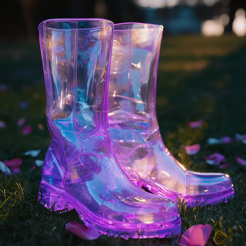 A pair of translucent purple rain boots sits on grass illuminated by a soft purple light.  The boots are transparent, showing the interior structure.  Scattered rose petals are visible on the ground around them, creating a whimsical and magical scene.  The background is blurred, focusing attention on the boots.
