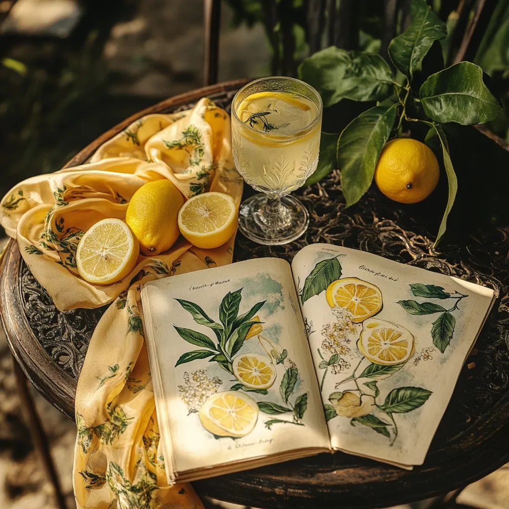 A sun-drenched still life featuring a glass of lemonade, fresh lemons, and an open botanical book.  A pale yellow silk scarf rests on a dark wooden table, adding a touch of elegance. The scene is peaceful and evocative of summer, with soft light illuminating the vibrant citrus fruits and detailed illustrations.  The overall aesthetic is serene and aesthetically pleasing.