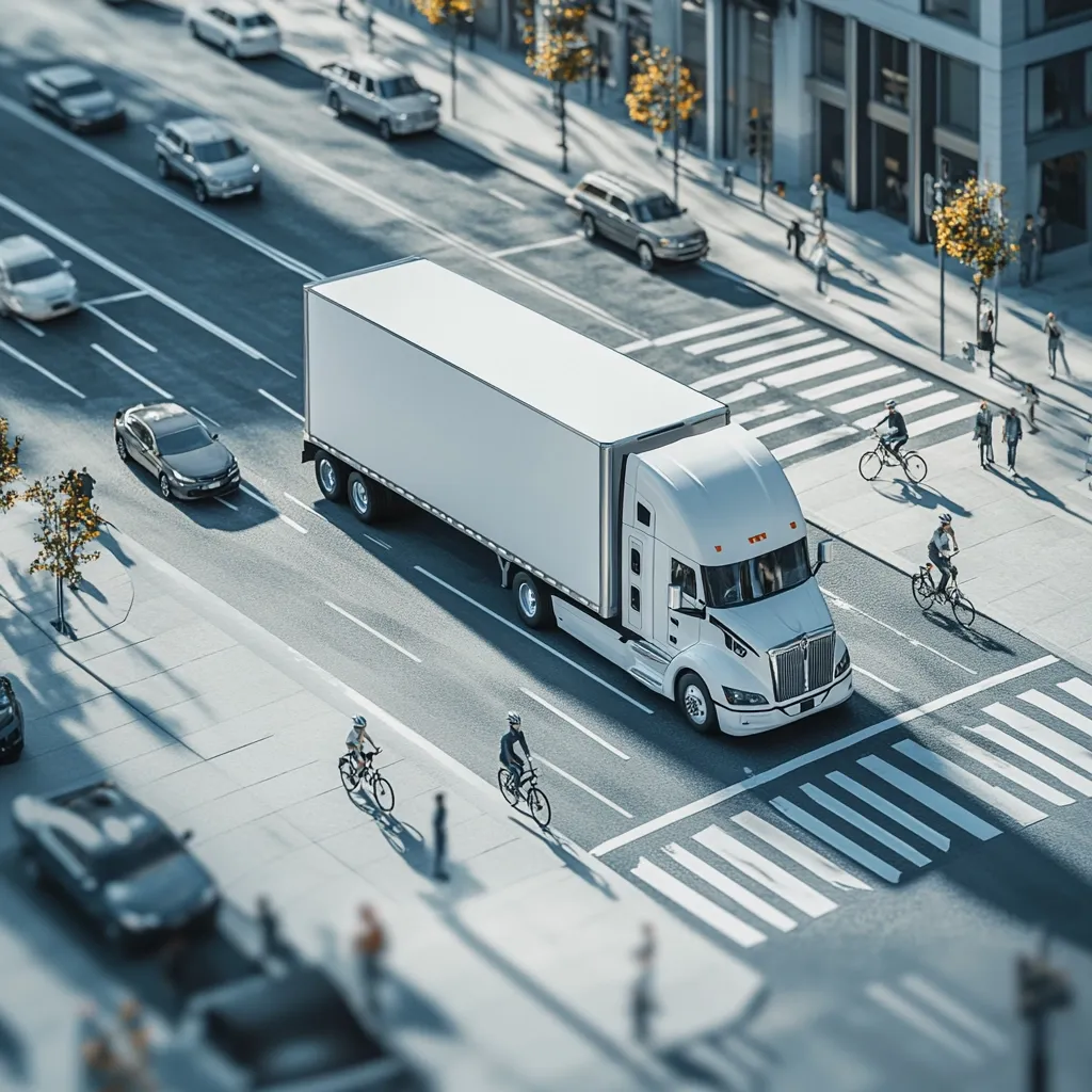 A high-angle, long shot of a white semi-truck with a blank trailer navigating a city intersection.  Several cars and cyclists are visible, showcasing a bustling urban scene. The buildings lining the street are modern and high-rise. The overall tone is bright, with sunlight illuminating the scene. The image suggests themes of urban logistics and transportation.