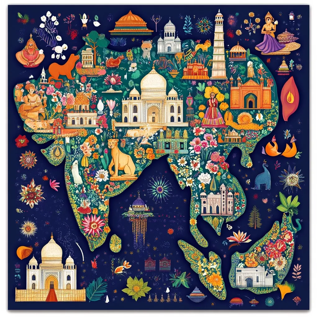 A vibrant illustration depicts India's map, richly adorned with iconic landmarks like the Taj Mahal, intricate floral patterns, and depictions of cultural elements.  The dark blue background contrasts beautifully with the colorful imagery, creating a visually stunning and detailed representation of India's diverse heritage and beauty.  Numerous smaller structures and figures are integrated seamlessly into the design, enhancing its overall richness and depth.