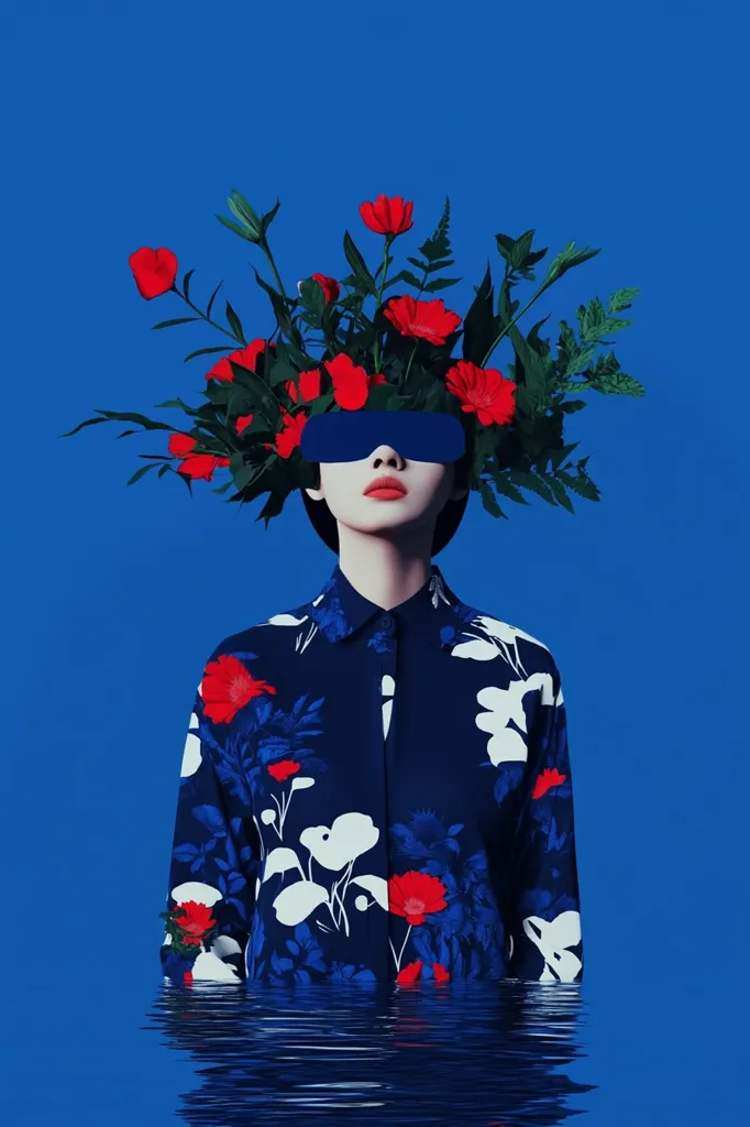 A woman, wearing a navy blue shirt with a red and white floral print, is depicted against a vibrant blue background.  A crown of red flowers and greenery replaces her hair, and she wears a simple blue visor.  The lower half of her body and shirt appear submerged in water, creating a surreal and stylish image.  The overall aesthetic is bold and artistic, emphasizing a blend of nature and technology.