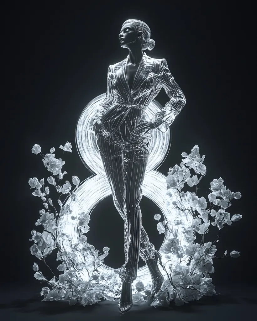 A glass-like female figure, dressed in a pinstripe suit, stands elegantly within a luminous number eight.  The figure is subtly posed, her form almost ethereal against a dark background.  White blossoms frame the eight, adding a delicate contrast to the sharp lines of the suit and the glowing circles. The overall image evokes a sense of sophisticated style and celebration.