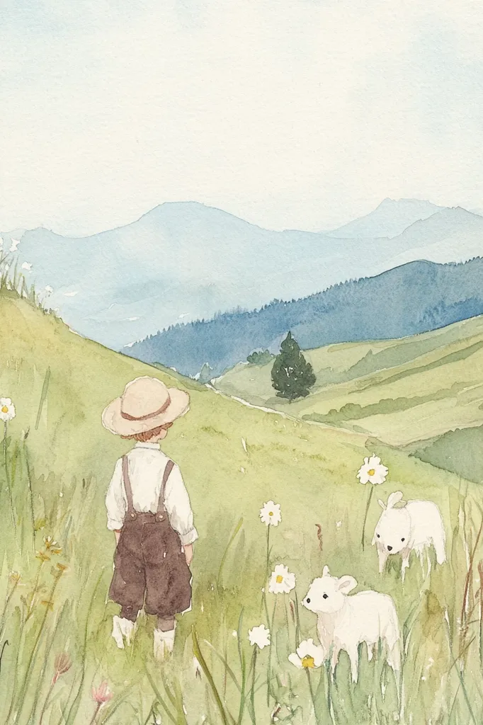 A watercolor painting depicts a young boy in overalls and a straw hat standing in a grassy field, overlooking rolling hills and distant mountains. Two white lambs graze peacefully nearby amidst wildflowers. The scene evokes a sense of serenity and pastoral charm, bathed in soft, diffused light.  The overall style is delicate and whimsical.