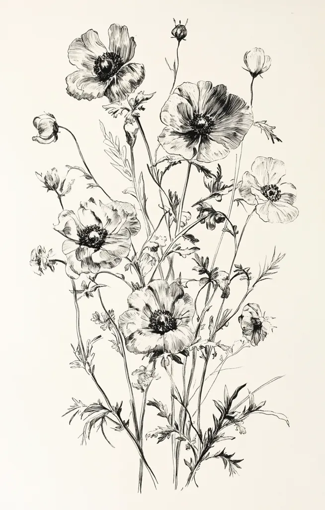 A delicate ink drawing showcases a bouquet of wildflowers.  Several prominent blossoms, possibly poppies or anemones, are depicted with intricate detail, their petals rendered with fine lines suggesting texture and light.  Smaller buds and leaves complete the composition, creating a sense of natural, graceful movement within the arrangement. The style is reminiscent of botanical illustration, highlighting the beauty of the flora.