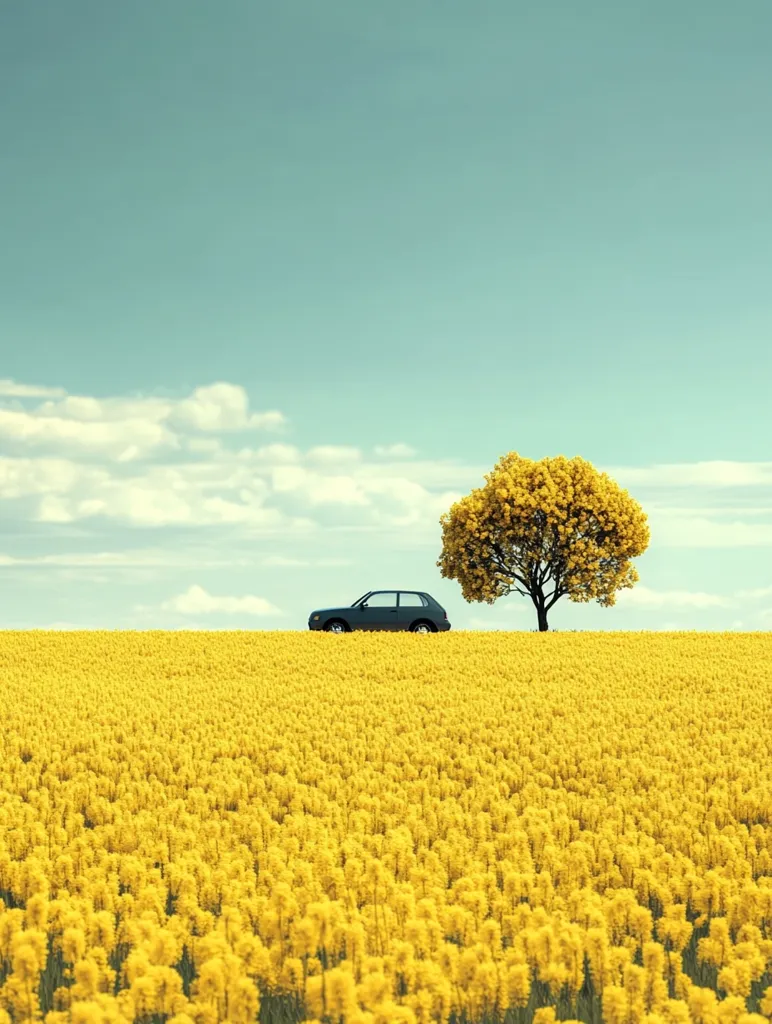 A dark-grey car sits in a vibrant yellow field of rapeseed flowers under a pale blue sky.  A single, yellow-leaved tree stands to the right of the car, adding a touch of contrast to the bright, idyllic scene.  The image evokes a feeling of serenity and vastness, suggesting a peaceful journey through nature.