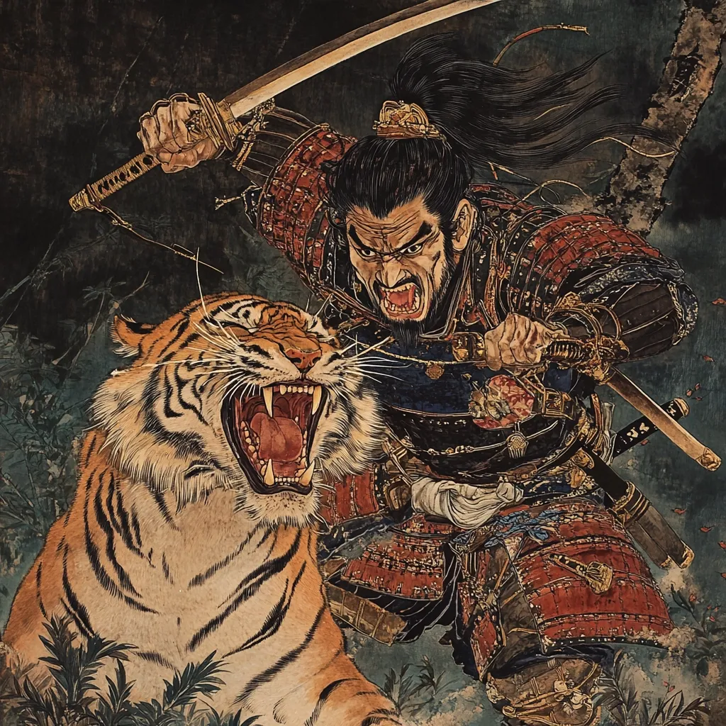 A fierce samurai, his face contorted in a snarl, wields a katana, his long hair flowing behind him.  He rides atop a snarling tiger, its teeth bared in a matching display of aggression.  The artwork is richly detailed, showcasing the samurai's ornate armor and the tiger's striped fur against a dark, atmospheric background. The scene depicts a dynamic moment of intense power and struggle.