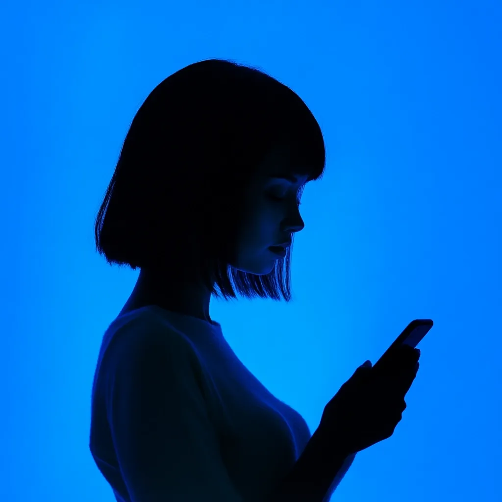 The silhouette of a young woman with short bobbed hair is captured against a vibrant blue background.  She is engrossed in her smartphone, her profile visible as she holds the device in her hands. The image evokes a sense of quiet contemplation and digital engagement, bathed in a dramatic, monochromatic light.
