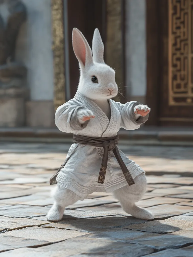 A white rabbit, dressed in a miniature karate gi with a brown belt, stands in a fighting stance on a stone pavement.  The rabbit's posture is serious and focused, suggesting readiness for action. The background features an indistinct Asian-style building, enhancing the image's artistic and whimsical feel.  The scene is digitally rendered, showcasing exceptional detail in the rabbit's fur and the overall setting.