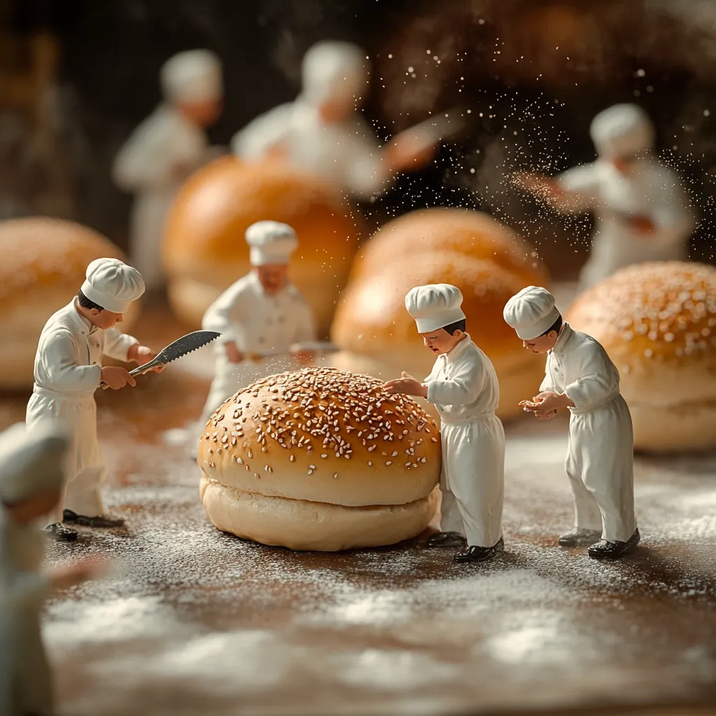 Miniature bakers in chef hats meticulously craft a large sesame seed bun.  Surrounded by other buns and blurred figures of bakers in the background, the scene depicts a whimsical, close-up view of the baking process.  Flour dusts the surface, enhancing the detailed miniature setting.  The focus is sharply on the central bun and the two bakers working on it.