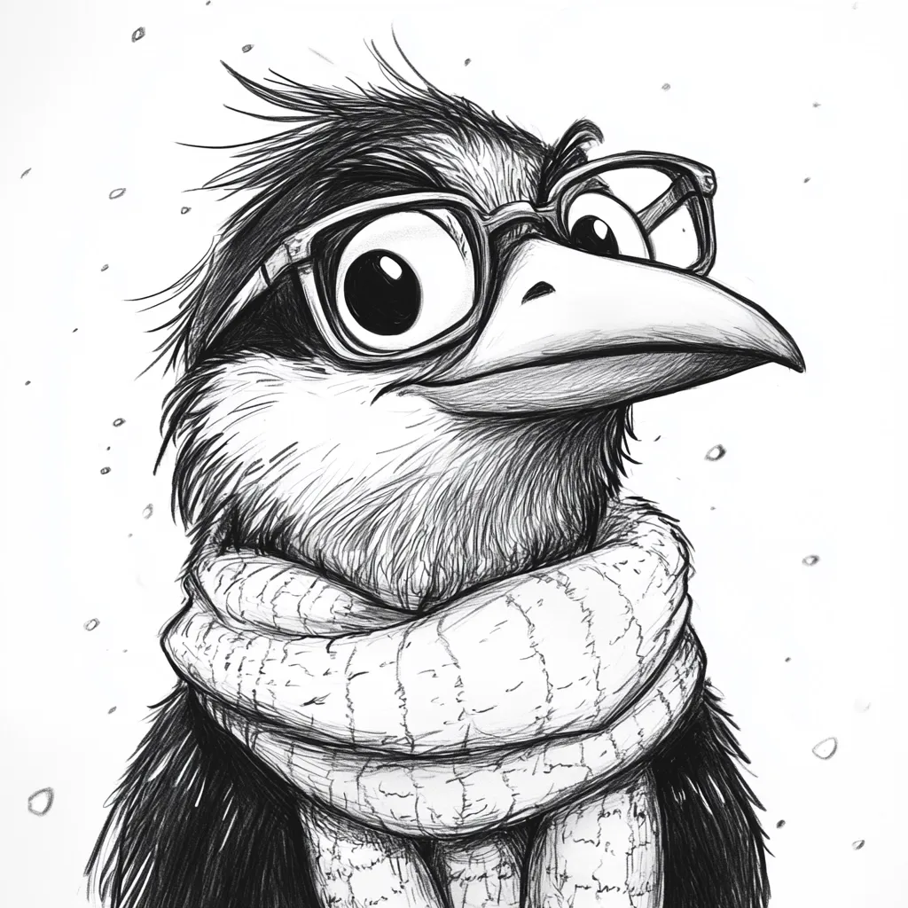 A charming black and white illustration depicts a bird, possibly a kookaburra, wearing thick-rimmed glasses and a cozy scarf.  The bird's large, expressive eyes and slightly inquisitive expression give it a whimsical personality.  The detailed pen-and-ink style creates texture in the bird's feathers and the knitted scarf.  Light dots suggest a snowy background.