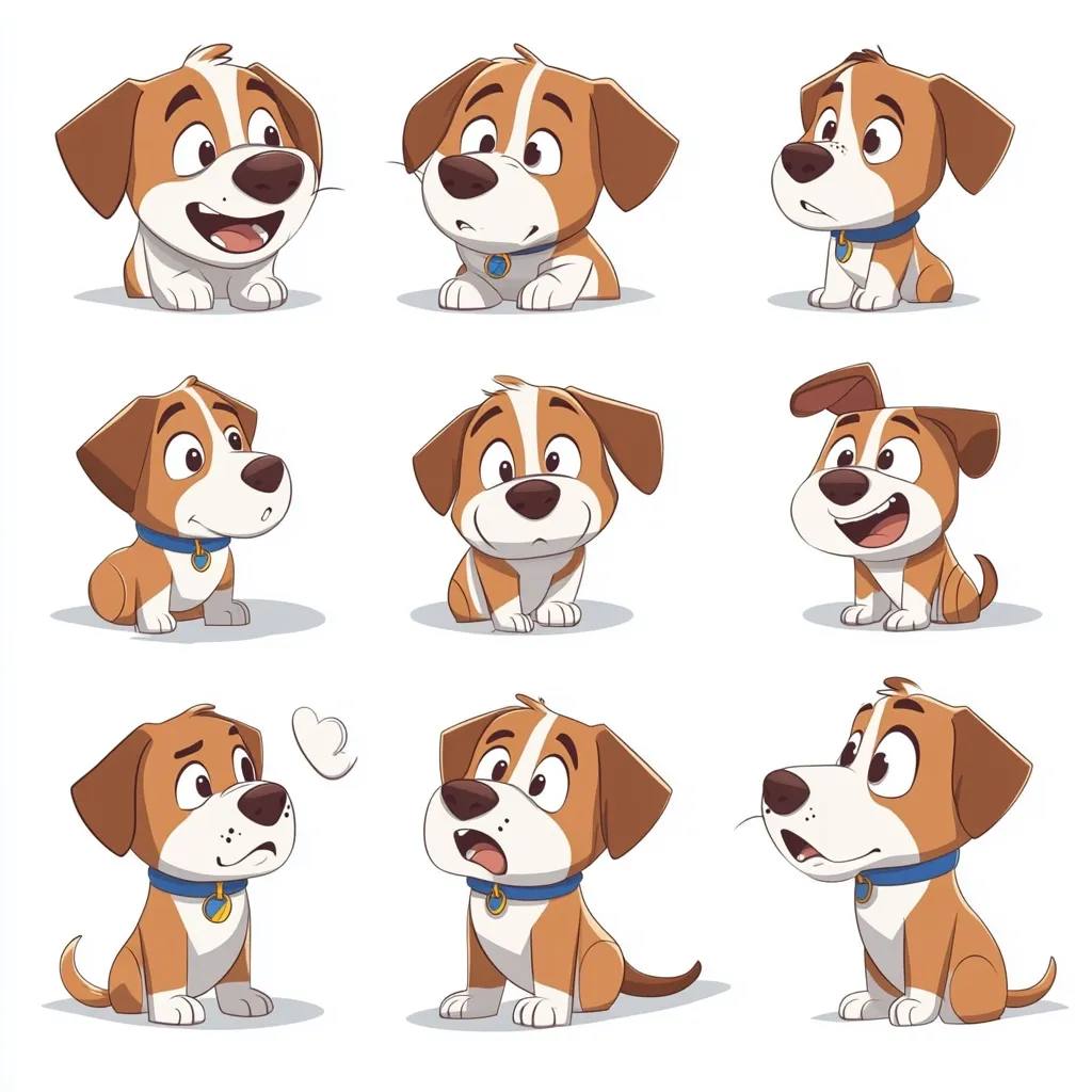 Nine adorable cartoon puppies, with brown and white fur, are displayed in various poses and expressions.  Each puppy wears a blue collar.  Their emotions range from happy and playful to curious and slightly apprehensive, showcasing a diverse set of charming characteristics. The illustrations are bright, cheerful, and well-defined.