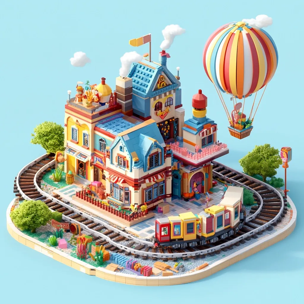 A whimsical Lego-style town scene features a colorful multi-story building with shops and a rooftop garden, a small train circling the town, and a hot air balloon overhead.  The vibrant colors and detailed miniature buildings create a charming, playful atmosphere. Small trees and landscaping add to the idyllic setting. The overall composition suggests a child's fantasy world brought to life.