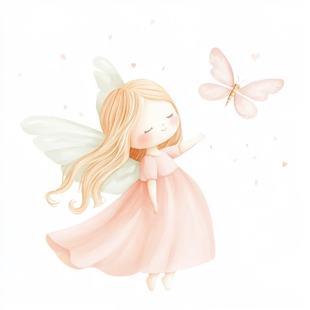 A watercolor illustration of a cute fairy with long blonde hair and delicate wings. She wears a flowing peach dress and is shown with her eyes closed, peacefully reaching out towards a soft pink butterfly that floats nearby.  Tiny hearts and petals scatter around them, adding to the whimsical, ethereal scene.