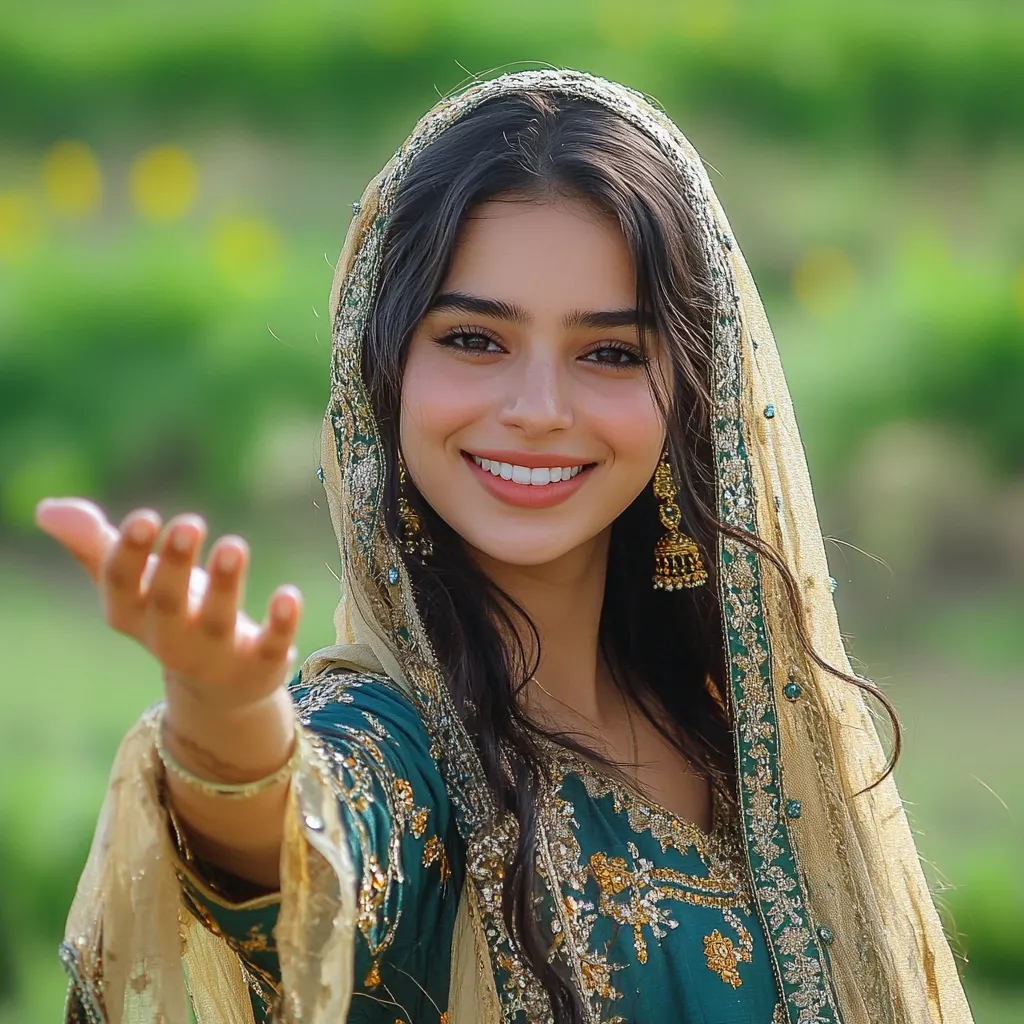 A young woman with long dark hair, wearing a teal and gold embroidered shalwar kameez and a sheer gold dupatta, smiles warmly.  She extends her hand towards the viewer, her jewelry gleaming. The background is a softly blurred green landscape.  Her expression is inviting and her attire is elegant.
