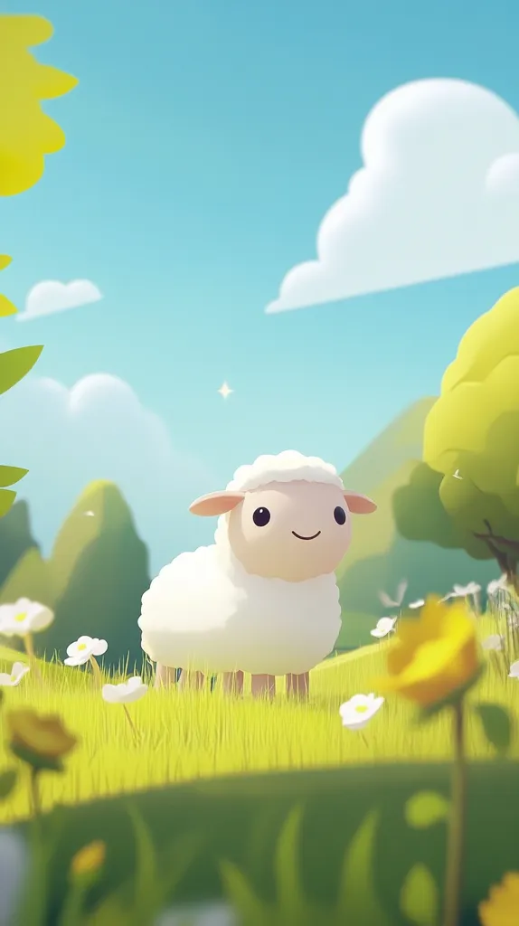 A cute, cartoonish lamb stands in a vibrant green field under a bright blue sky.  Fluffy white clouds drift lazily overhead, and yellow and white flowers dot the landscape.  The scene is idyllic and peaceful, with a stylized, almost three-dimensional animation style.  The lamb has a cheerful expression.