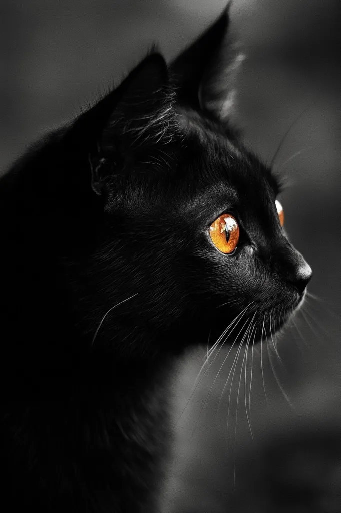 A close-up profile view of a black cat. Its fur is dark and glossy, contrasting with its bright orange eyes that stand out vividly.  The cat's whiskers are long and prominent, adding to its elegant and mysterious appearance. The background is blurred, keeping the focus solely on the feline's captivating gaze. The overall image is striking in its monochrome simplicity and the intense focus on the cat's features.