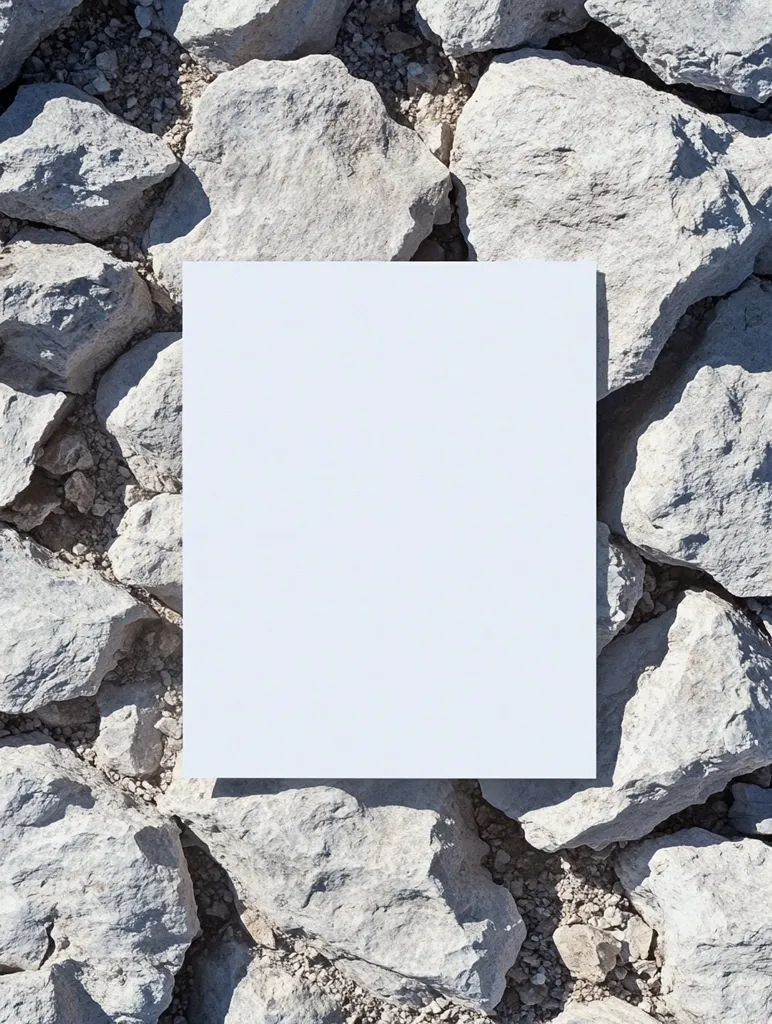 A blank, square piece of white paper rests on a bed of light gray rocks.  The rocks are various sizes and shapes, filling the frame.  The paper provides a stark contrast against the rough texture of the stones, creating a minimalist composition. The scene suggests a rugged, outdoor setting.