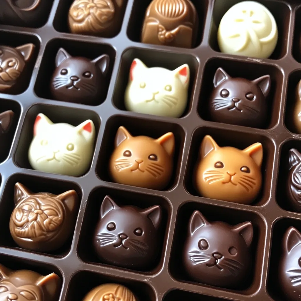 A box of assorted chocolates shaped like cats and other designs.  The chocolates are in various milk, dark, and white chocolate.  The cat-shaped chocolates have different colored fur, including brown, orange, black, and white.  The box is dark brown with individual compartments for each chocolate.  The overall presentation is neat and appealing.