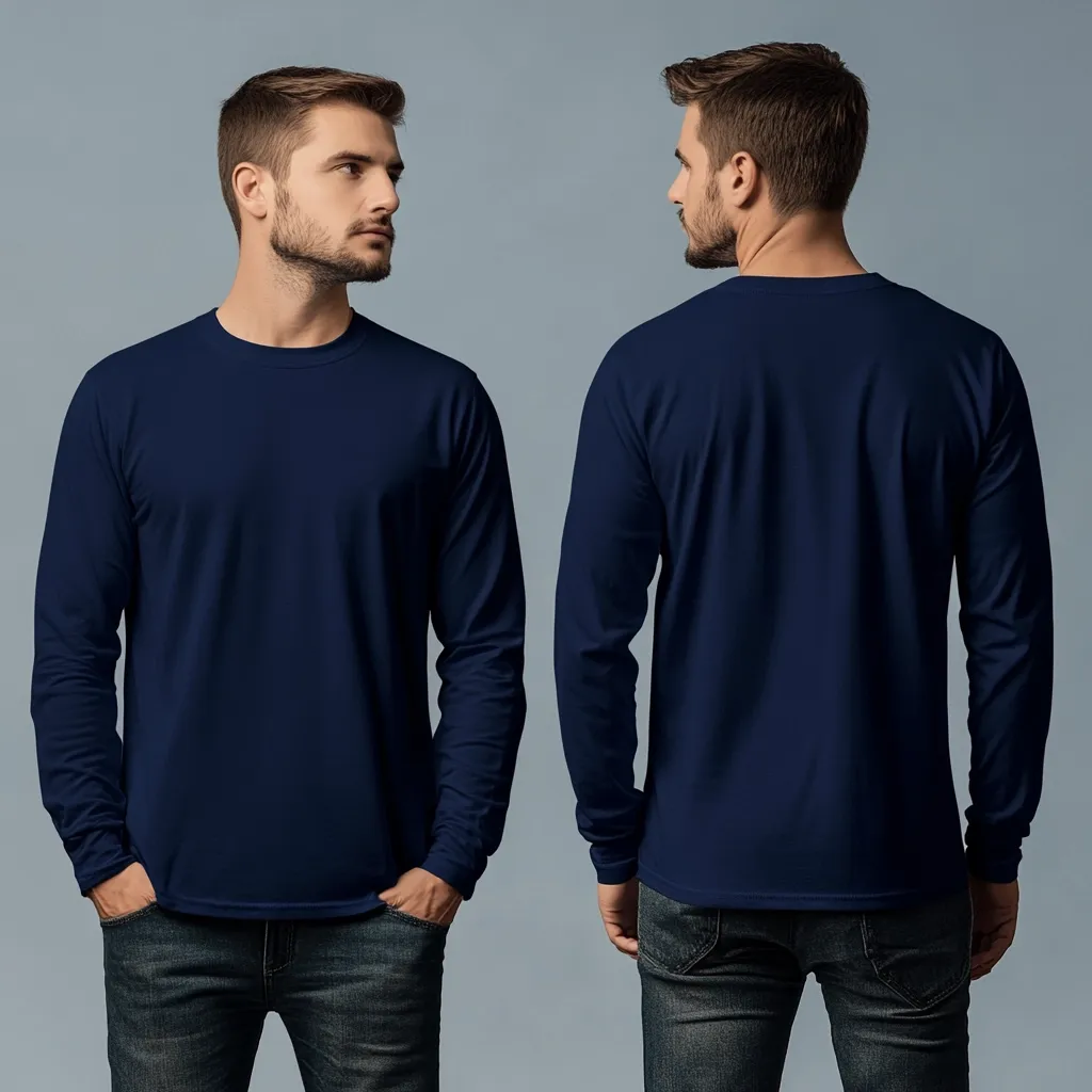 Two young men, facing opposite directions, model a navy blue long-sleeved shirt.  Both men have short brown hair and beards, and are wearing dark wash jeans. The image showcases the shirt's front and back, providing a clear view of the fit and fabric.  The backdrop is a simple, neutral gray.