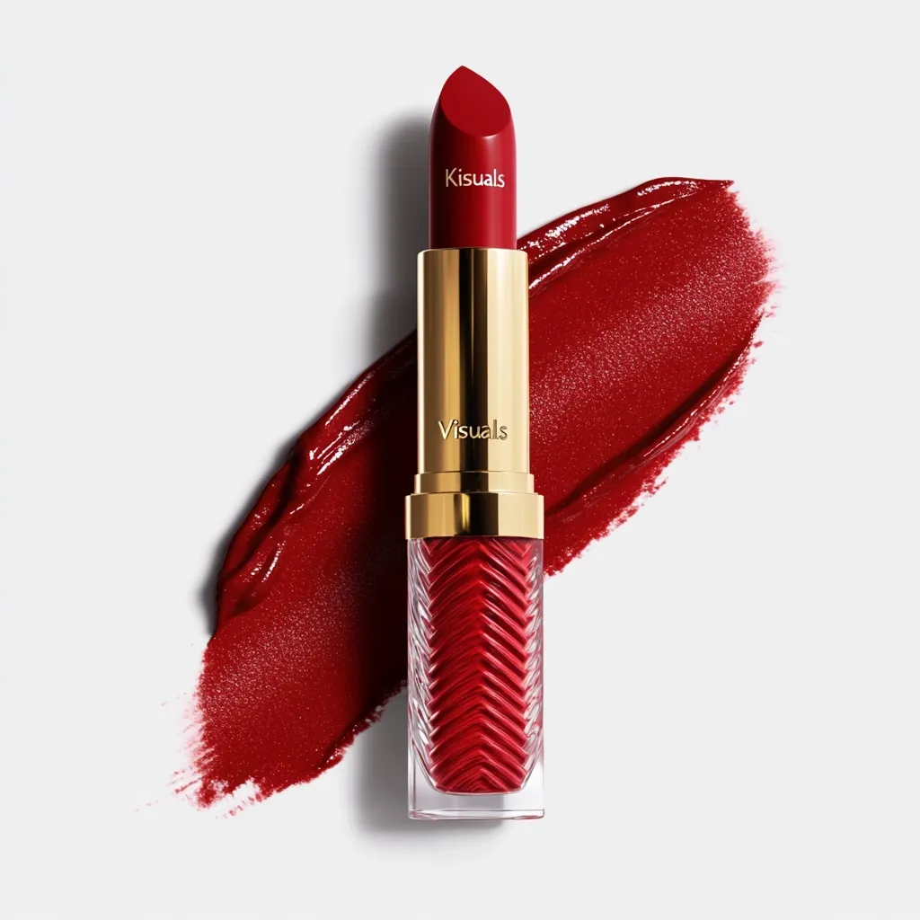 A tube of Visuals lipstick in a rich, deep red shade is presented against a white background.  The lipstick features gold detailing and a textured, chevron-patterned casing. A swipe of the lipstick is displayed next to it, showcasing its vibrant color and smooth texture. The brand name "Visuals" is subtly printed on the tube.
