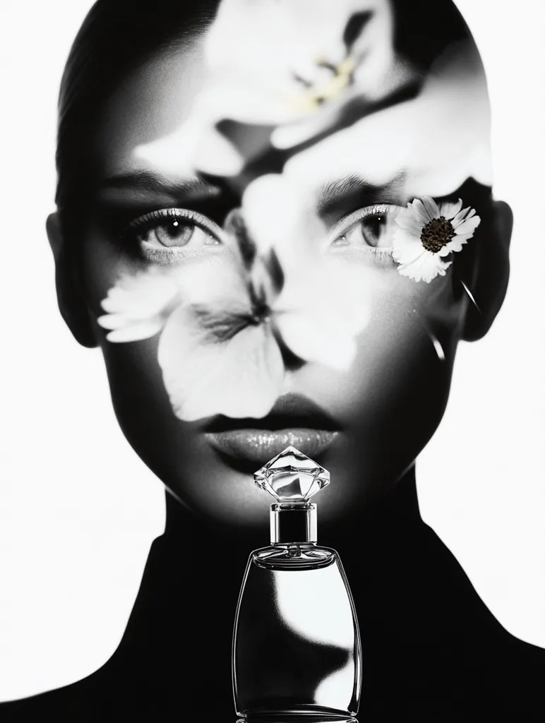 A black and white close-up depicts a woman's face partially obscured by delicate flowers.  Her expression is serene, her eyes captivating.  A perfume bottle with a diamond-shaped top sits before her lips, suggesting a connection between fragrance and beauty. The overall mood is elegant and sophisticated, emphasizing femininity and floral notes.