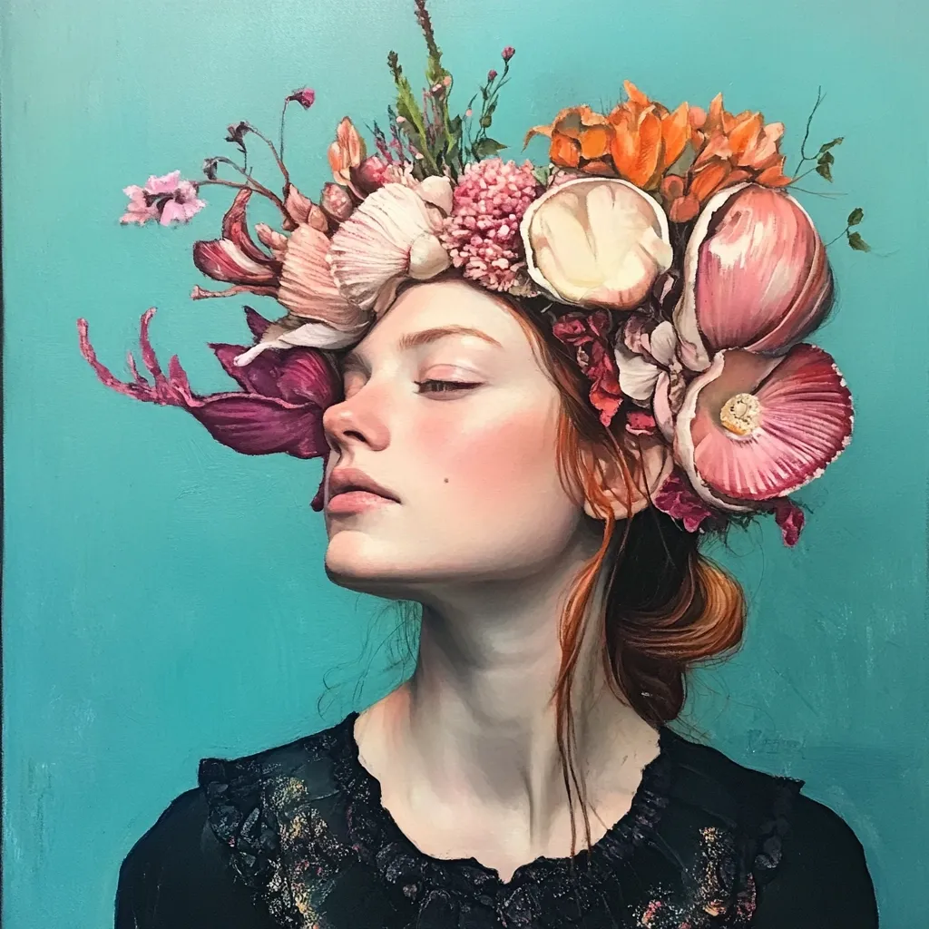 A serene redhead woman is depicted, adorned with a whimsical crown of vibrant flowers and seashells.  Her eyes are closed, suggesting tranquility.  The teal background complements the painting's ethereal and dreamy quality. The artist's meticulous detail captures the texture of both the woman's skin and the floral headdress. The overall mood is one of peaceful beauty and fantasy.