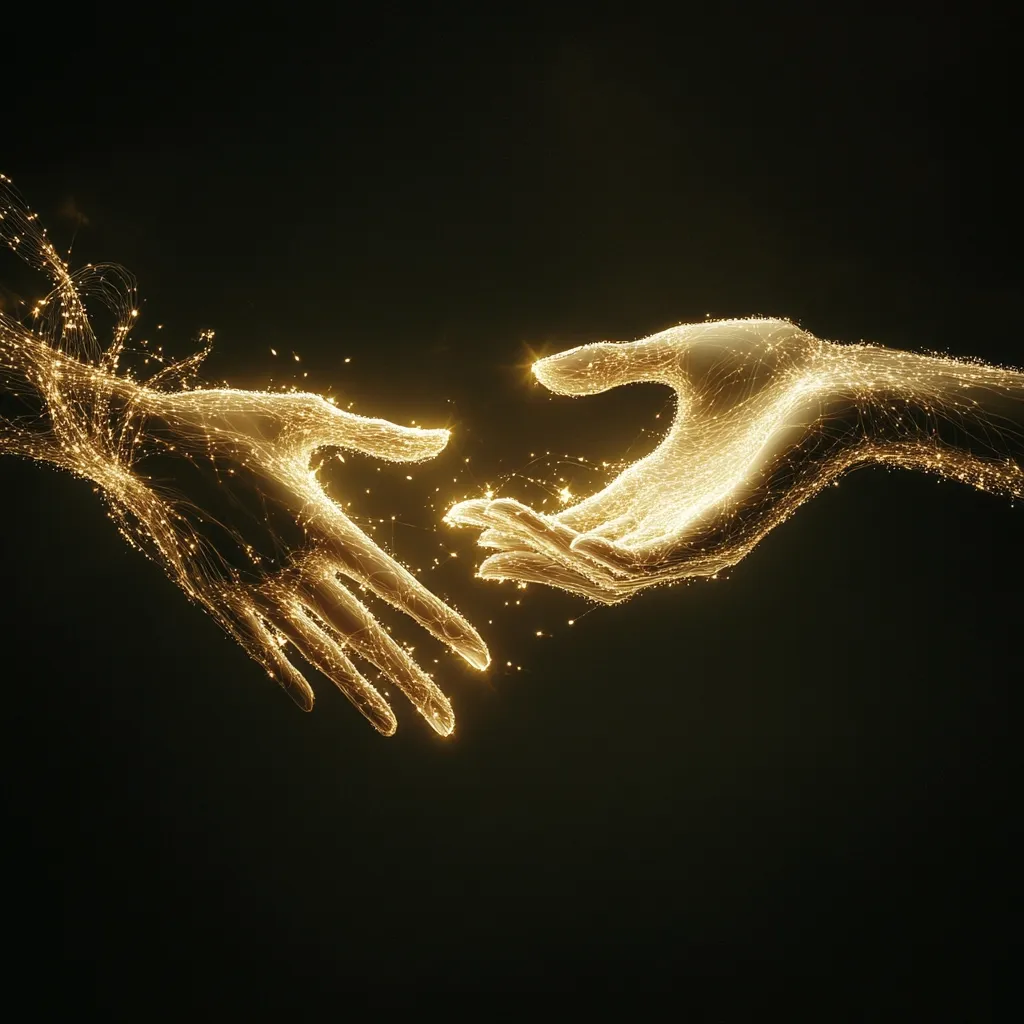 Two luminous golden hands reach towards each other against a dark background, their fingertips almost touching.  The hands are rendered as intricate networks of sparkling light, creating a mystical and ethereal effect.  The image evokes feelings of connection, hope, and the bridging of a gap.  The golden glow adds to the sense of warmth and positive energy.