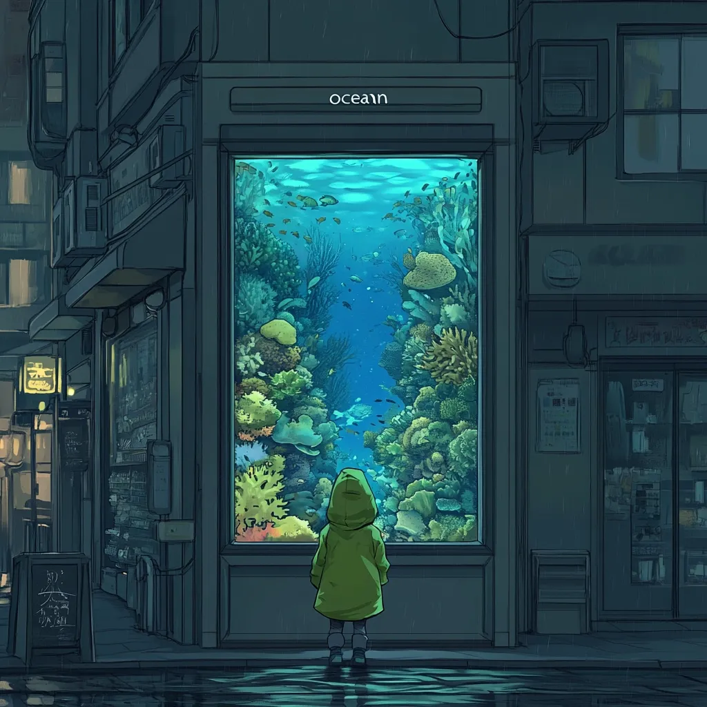 A child in a green raincoat stands mesmerized before a large storefront window displaying a vibrant underwater scene.  The window, labeled "ocean," showcases a thriving coral reef teeming with colorful fish. Rain falls on the quiet, dimly lit city street, enhancing the contrast between the bustling underwater world and the solitary figure outside. The scene is rendered in a muted, atmospheric style, evoking a sense of wonder and tranquility.