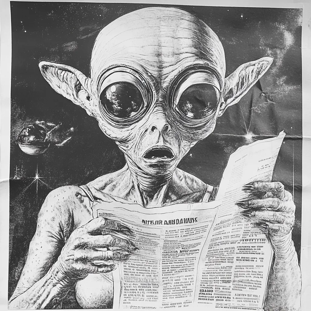 A grayscale illustration depicts an alien with large eyes and pointed ears, reading a newspaper. The alien's expression is one of surprise or concern.  The background features a dark starry sky and a distant planet.  The newspaper text is illegible, adding to the mysterious and otherworldly atmosphere of the piece. The image style suggests a vintage science fiction poster or print.
