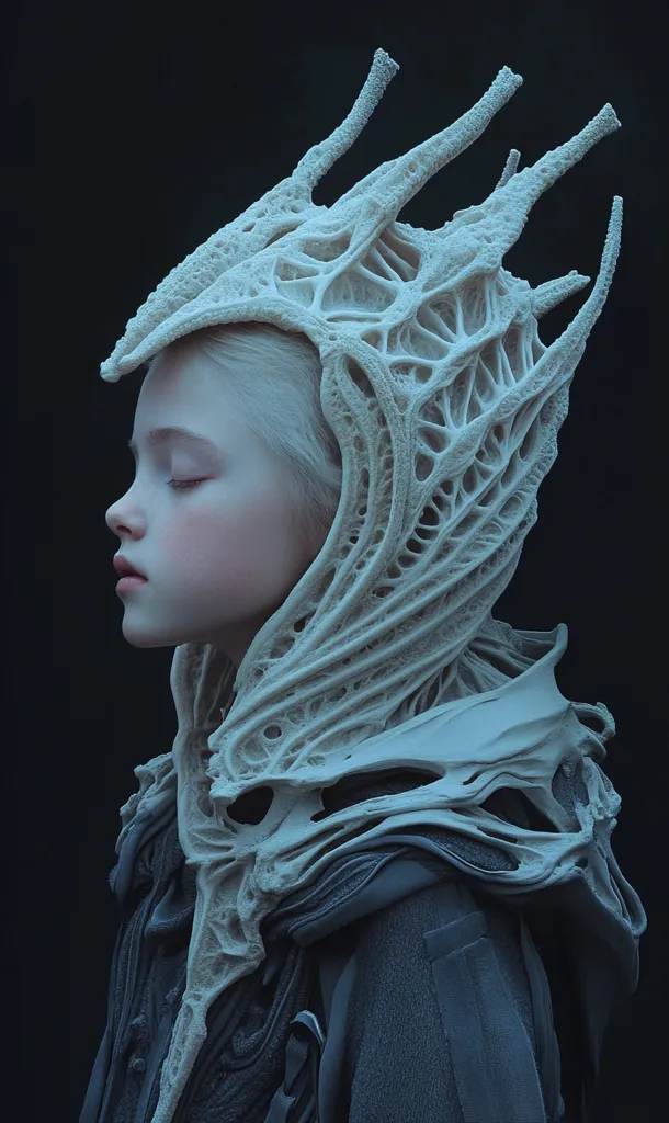 A young girl with fair skin and closed eyes wears an intricate, off-white headpiece and shoulder armor. The helmet-like structure is organic and resembles bone or coral, with a complex network of holes and protrusions. The overall aesthetic is otherworldly and fantastical, suggesting a character from science fiction or fantasy.  The dark background accentuates the pale color of the costume.