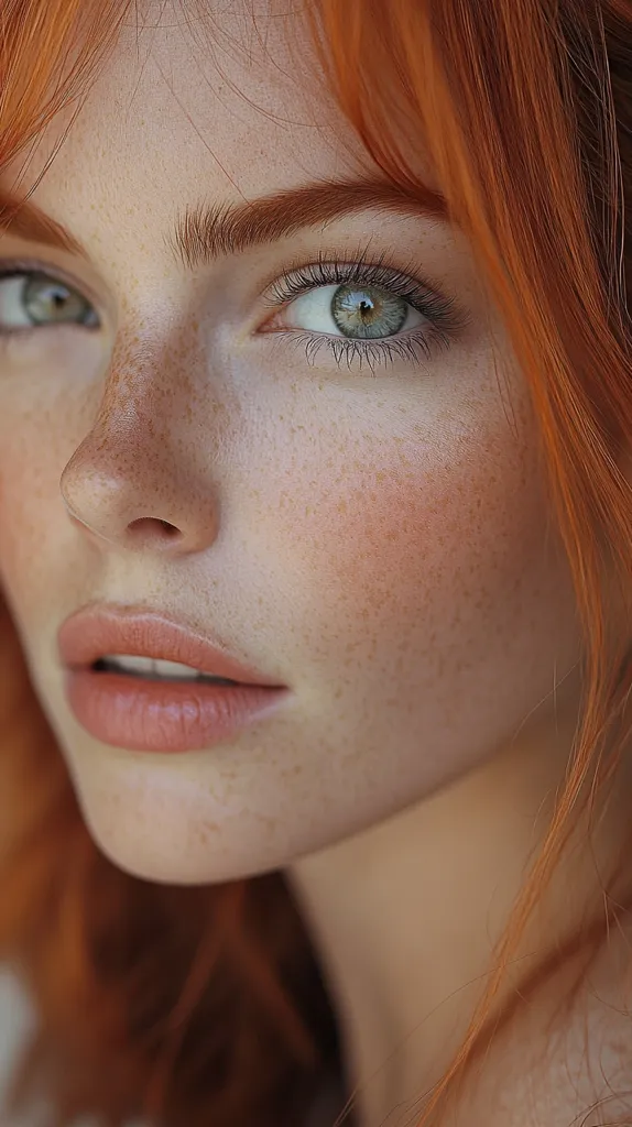 Close-up of a young woman with vibrant red hair and freckles. Her green eyes are captivating, and her complexion is naturally radiant.  The soft lighting enhances her delicate features, creating a soft, ethereal look.  Her lips are subtly highlighted, completing a naturally beautiful portrait.