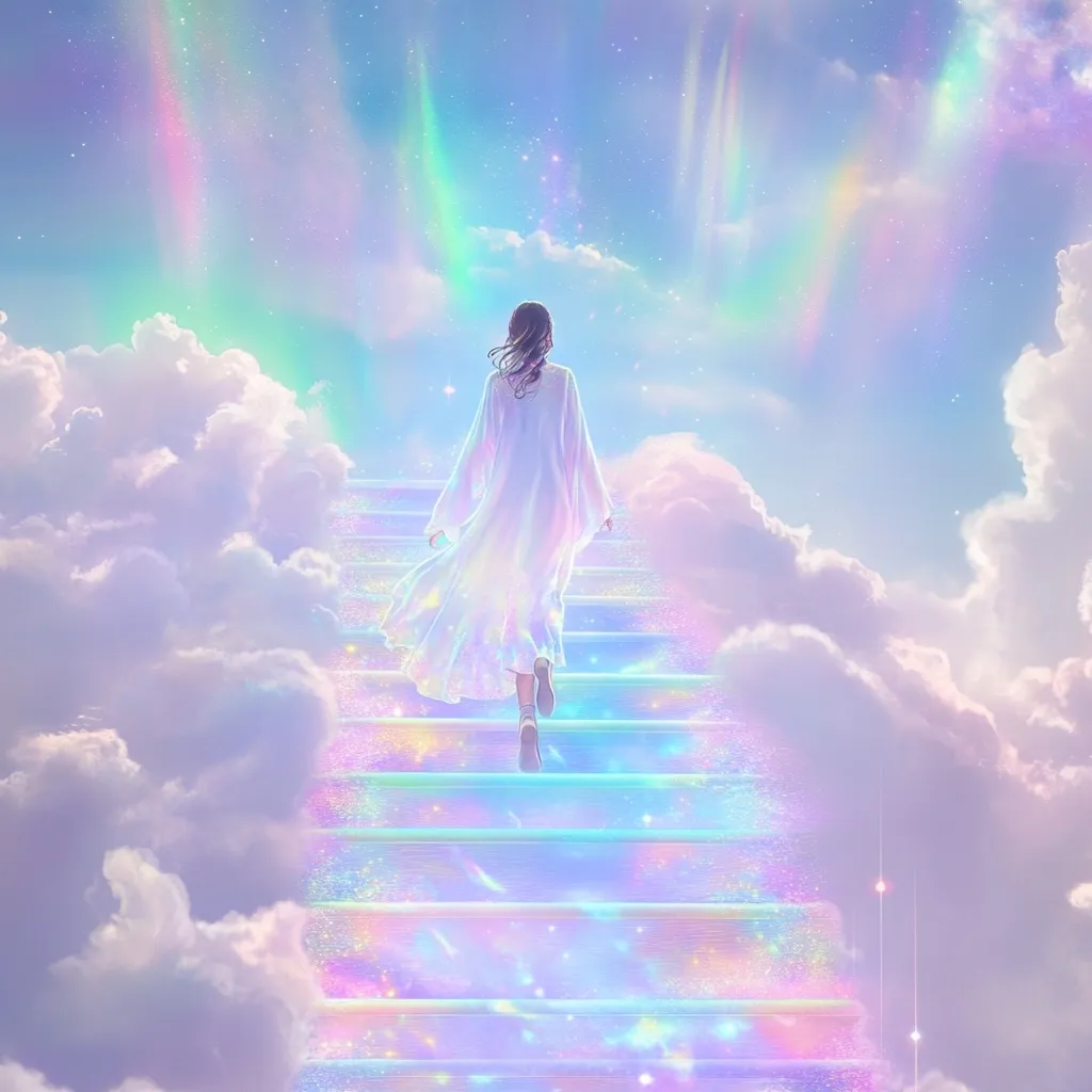 A woman in a flowing white dress ascends a luminous staircase that stretches into a pastel sky.  The stairs shimmer with iridescent light, resembling a celestial pathway.  Surrounding her are soft, fluffy clouds, and streaks of vibrant, rainbow-like auroras fill the heavens above. The scene evokes a sense of peace, ascension, and ethereal beauty.