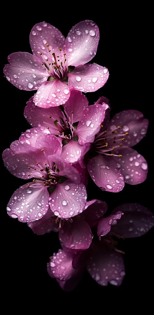 A cluster of delicate pink flowers, adorned with glistening water droplets, is captured against a stark black background.  The blossoms are richly detailed, showcasing the intricate textures of their petals and the vibrant hues of their centers.  The image emphasizes the beauty of the flowers and the contrast between their vibrant color and the dark background.  The water droplets add a sense of freshness and vibrancy.
