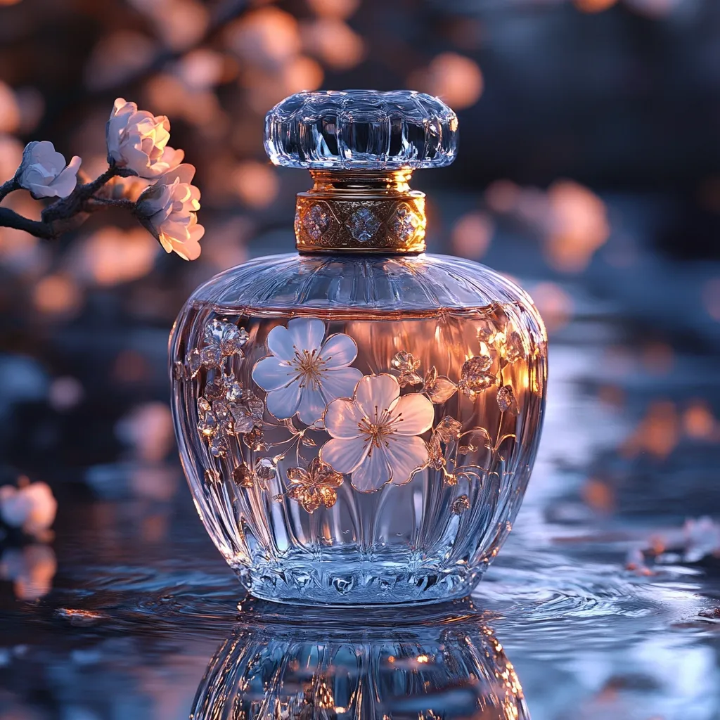 An ornate perfume bottle, adorned with delicate, white flower carvings, sits on a reflective surface.  The bottle's crystal-clear glass catches the warm light, creating a radiant glow.  A branch of blossoming flowers is subtly placed in the background, enhancing the image's elegant and ethereal ambiance.  The overall scene is one of luxurious beauty and tranquility.