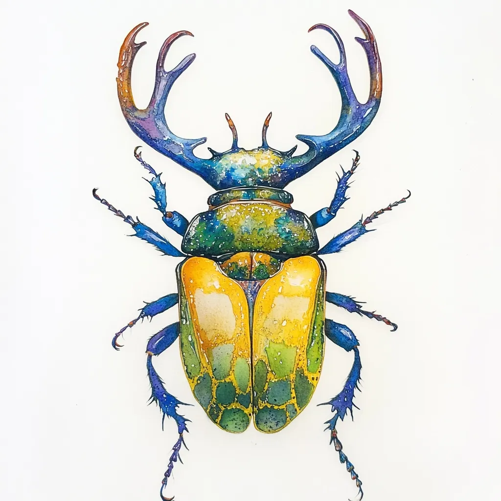 A vibrant watercolor painting depicts a beetle with striking features.  Its large, branching mandibles are a deep blue fading to purple, contrasting with the yellow and green segmented body.  The beetle's legs are a similar blue, tipped with fine purple bristles.  The overall effect is one of vivid color and intricate detail, showcasing the beetle against a stark white background.