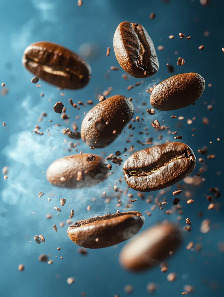 Multiple roasted coffee beans levitate against a teal backdrop, surrounded by a cloud of steam and smaller coffee bean fragments.  The beans appear rich brown, with visible texture. The overall image suggests the energy and aroma of freshly roasted coffee.  The motion blur adds dynamism to the scene, emphasizing the feeling of freshly roasted beans being tossed in the air.