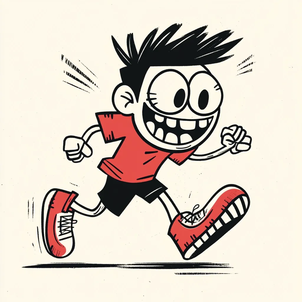 A cartoon boy with spiky black hair and a wide grin runs energetically. He wears a red t-shirt, black shorts, and red and white striped sneakers.  Motion lines emphasize his speed. The style is bold and expressive, with thick black outlines and a slightly textured background. The overall impression is one of joyful movement and childlike energy.