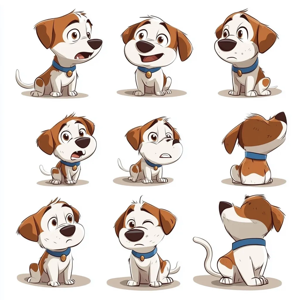 Nine cartoon illustrations depict an adorable brown and white puppy in various poses and expressions.  The puppy is shown sitting, looking in different directions, and displaying emotions ranging from happy and curious to worried and pensive. Each image showcases the puppy's charming features and playful personality against a clean white background.  The consistent style and expressions make the illustrations engaging and versatile.