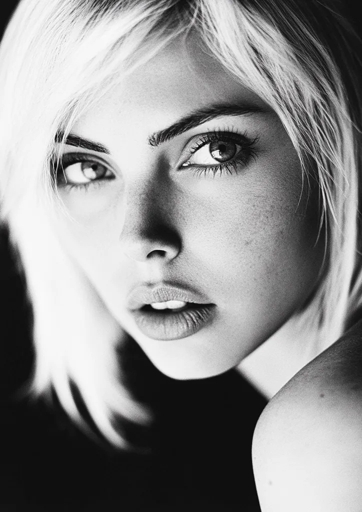 A black and white close-up portrait of a young woman with blonde hair. Her gaze is direct, her expression serene yet intense.  Soft light highlights her delicate features, emphasizing her eyes, high cheekbones, and full lips.  The overall mood is intimate and subtly sensual.  The image showcases the beauty of natural light and monochrome photography.