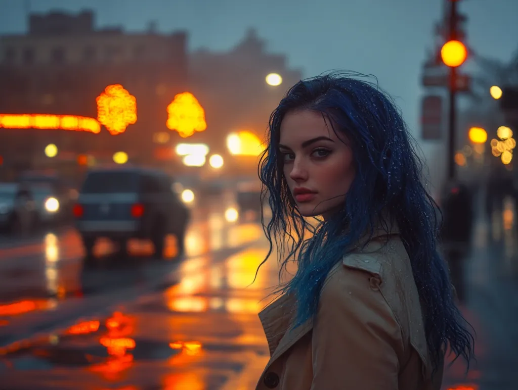 A young woman with vibrant blue hair, wearing a tan trench coat, stands on a rain-slicked city street at night.  The city lights reflect in the wet pavement, creating a warm, orange glow.  She looks over her shoulder, her expression is serious and captivating, against the blurry background of traffic and urban buildings.  Raindrops cling to her hair and coat.