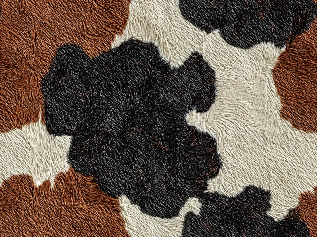 A close-up image reveals a textured surface resembling cowhide.  The pattern is abstract, with irregular patches of brown, black, and off-white fur. The fur appears soft and dense, creating a visually appealing, almost hypnotic effect. The color variations are distinct, yet blend seamlessly, suggesting a natural, organic texture.
