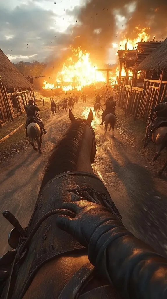 A first-person perspective shows a rider on horseback amidst a chaotic scene.  A village burns fiercely in the background, flames illuminating the sky.  Several other mounted figures ride towards the blaze, creating a sense of urgency and destruction. The overall mood is one of intense conflict and devastation.