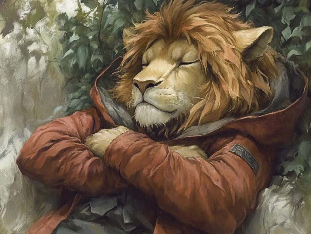 A painting depicts a lion anthropomorphically wearing a red hooded jacket.  The lion's eyes are closed, and its arms are crossed, suggesting peaceful slumber.  The lion rests nestled amongst lush green foliage, creating a serene and tranquil scene.  The artistic style is painterly, with visible brushstrokes contributing to a textured, almost furry effect on the lion's mane.  The overall mood is calm and whimsical.