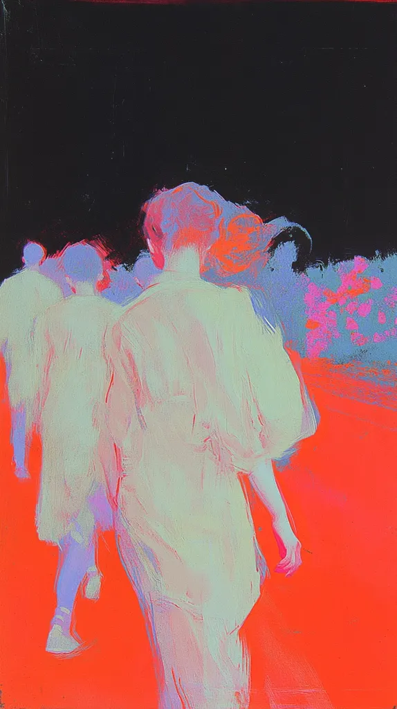 An impressionistic painting depicts a woman walking away from the viewer, her back turned.  She's dressed in a flowing, pale garment against a vibrant red background.  Other figures are visible in the background, blurred and indistinct, suggesting movement and a sense of a crowd.  The style is loose and expressive, with visible brushstrokes creating a dreamy, almost ethereal quality. The overall mood is one of movement and fleeting moments.