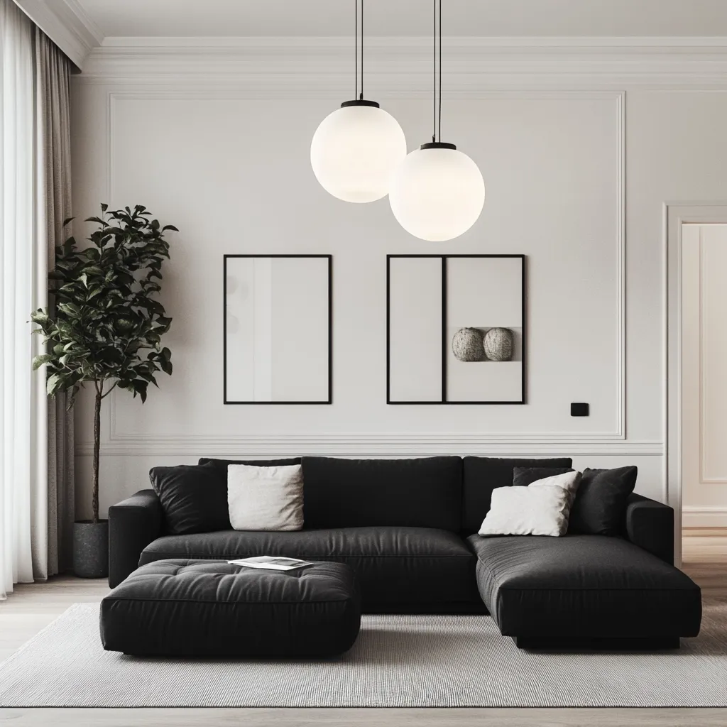 A modern living room features a dark gray sectional sofa with off-white cushions, complemented by a matching ottoman. Two large, frosted glass globe pendant lights hang above, illuminating the space.  The walls are painted white with minimalist black framed artwork. A potted plant adds a touch of greenery, creating a calm and sophisticated atmosphere.  A light gray rug anchors the furniture.
