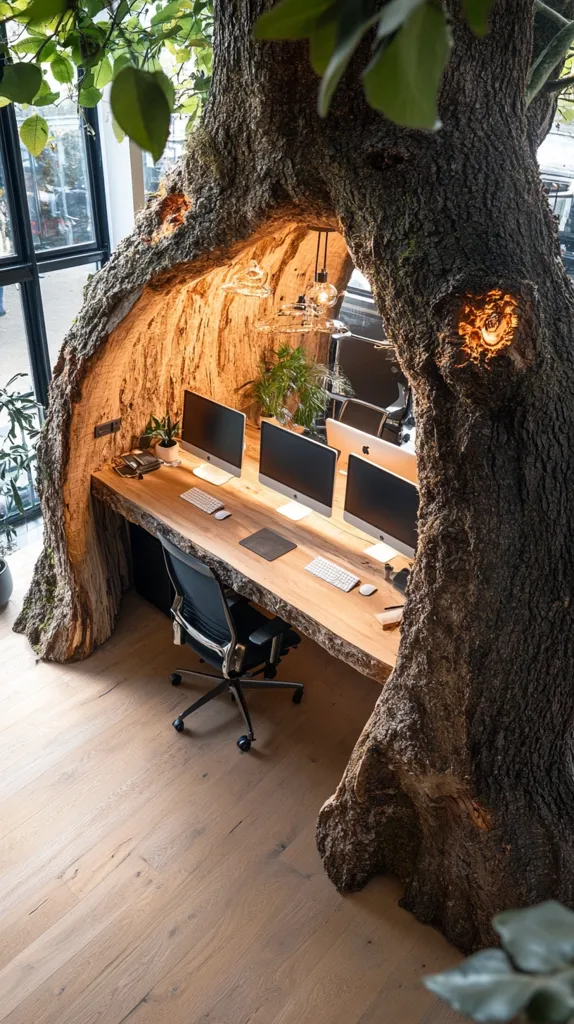 A unique office workspace is carved into the hollow of a large tree.  Four computer monitors sit on a long, rustic wooden desk built within the tree's trunk. Warm lighting illuminates the space, creating a cozy and natural atmosphere.  The office chair and light wood floor complement the organic design.  The scene evokes a sense of calm and creativity.