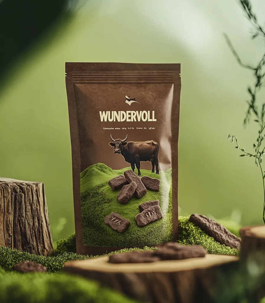 A brown pouch of Wundervoll chocolate snacks sits on a bed of moss.  The packaging features a cow and several dark chocolate biscuits.  Additional chocolate biscuits are scattered nearby, enhancing the natural, earthy aesthetic. The overall presentation is rustic and emphasizes the product's connection to nature.